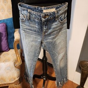 Pilcro Anthropologie Cotton Hyphen Fringe Faded Denim Jeans 26